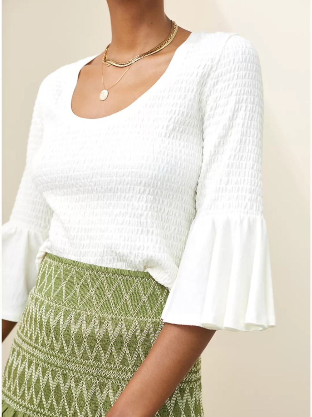 By Anthropologie Smocked Bell-Sleeve Top size M